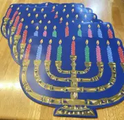 Set Of 6 Blue Hanukkah Menorah Placemats 100% Vinyl Jewish Festival 17Lx13W”
