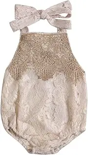 [Fiomva] Newborn Infant Baby Girl Clothes Lace Halter Backless Jumpsuit Romper Bodysuit Sunsuit Outfits Set