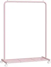Songmics Clothes Rack, Clothes Rail on Wheels, Metal Clothing rail for Bedroom, 91 cm Long Hanging Rail, with Storage Shelf, 2 Lockable Wheels, Top Rail Holds up to 40 kg, Jelly Pink HSR025P01