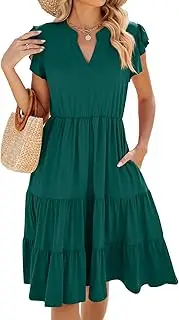 [ZPLxi] Womens Summer Ruffle Sleeve V Neck Midi Dress Casual Solid Color Flowy Swing Dresses Fashion Pleated Beach Sundress