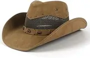[LINCYS] Men Leather Western Cowboy Hat Summer with Mesh Dad Godfather Hats 58-59CM