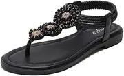 [XUEMML] Sandals Women Flip Flop with Strap，Women's Ankle Strap Rhinestones Flat Sandals，flip Flop Sandals for Beach Womens Rhinestone Slingback Thong Slippers (Color : Black, Size : EU42)