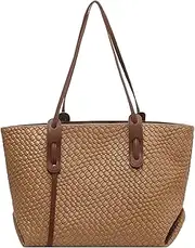 [Generic] Woven Bags - Leather Tote Purse,Lightweight Foldable Purse Handbags Shoulder for Shopping Work Travel Pool Vacation
