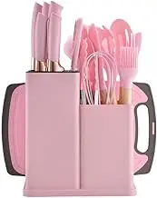 19-Piece Kitchen Utensil & Knife Block Set: 12 Non-Stick, Heat-Resistant Silicone Cooking Utensils (Spatula, Tongs, Ladle, Scissors) + 5 Sharp Kitchen Knives & Cutting Board (Pink)