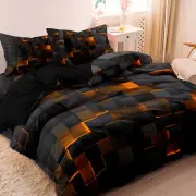 3PC Orange Grid Plaid Geometric Duvet Cover Bedding Set Single Double Queen King