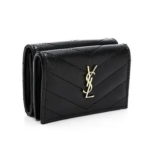 【YSL 聖羅蘭】SAINT LAURENT 魚子醬信封型迷你三折短夾(黑/鐵灰)