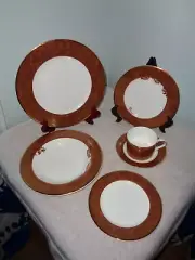 6pc Place Setting MIKASA Bone China Dinner Plates Gold Trim DAMASK COPPER NWT