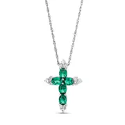 Oval Lab-Created Emerald and White Sapphire Tri-Point Cross Pendant in Sterling Silver