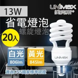 美克斯UNIMAX 13W 螺旋省電燈泡 E27 節能 省電 20入組