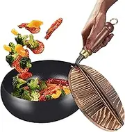 Wok Pan | Iron Frying Wok,Ergonomic Uncoated Iron Pan with Lid for Home, Outdoors, Restaurant, Camping, Indoors