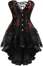 [FAWENLI] Fashion Women Sexy Corsets Dresses Burlesque Red Overbust Corset Lingerie With Skirt Set Floral Corselet Costu