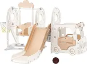 KIDBOT Kid 5in1 Slide Swing Set, with Ladder Climber Steps & Bus Playhouse & Basketball Hoop, Kids Playground Activity Centre Playset Indoor Outdoor Toy, Color - Beige Brown