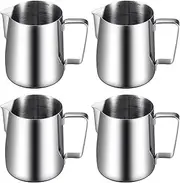 Dandat 4 Pcs Milk Frothing Pitcher Espresso Steaming Pitchers 12 Oz Stainless Steel Milk Steamer Cup Frother Jug for Espresso, Latte Art, Chai Cappuccino Hot Chocolate