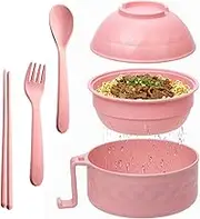 6 Piece Set 32oz Ramen Bowl Set, Microwave Ramen Bowl, Wheat Fiber Instant Noodle Bowl with Handles Spoon Chopsticks Fork, College Dorm Room Essentials (Pink)