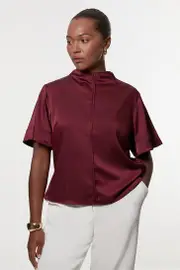 Plus Size Top Stitch Satin Woven Short Sleeve Top