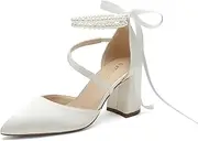 [PALSCOU] Block Heel Wedding Shoes for Bride Closed Toe Pearl Bridal Shoes Wedding Chunky Heels