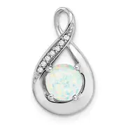 14k White Gold Created Opal and Real Diamond Pendant