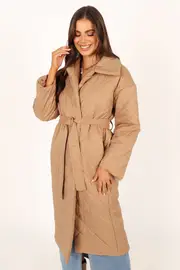 [PUP50] Kallie Quilted Tie Front Coat - Camel M/L tan