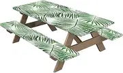 Picnic Table Cloths - Green Leaves Pattern Elastic Fit Table Cloth Waterproof - Polyester Multifunctional Portable Table Protector with Bench for Camping, Barbecue