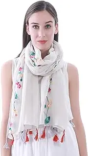 [Lina & Lily] Embroidered Floral Tassel Scarf Shawl Lightweight