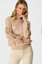 Kennedi Sequin Sleeve Detail Knit Full Length Sleeve in Beige Wool Blend S/M