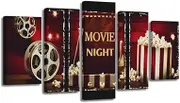 XLMDYYSW Home Theater Canvas Wall Art 5 Piece Vintage Movie pictures Movie Night Sign Poster Film Reels Popcorn Painting Print Media Room Cinema Decor Framed (Red, 10x16inx2 10x20inx2 10x24inx1)