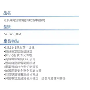 SANLUX 台灣三洋 公司貨 3孔1對1防脫落 中繼線 1M 2M SYPW-310A SYPW-310B