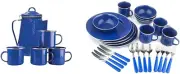 Enamel Percolator Coffee Pot & 4 Mug Set (11230),Blue & Deluxe 24-Piece Enamel T