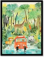 Artery8 Jungle Safari Adventure Animals Kids Bedroom Nursery Giraffe Lion Watercolour Artwork Framed Wall Art Print 18X24 Inch