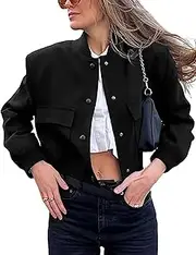 [Buenoble] Crop Street Bomber Jacket Women Casual Button Up Solid Color Varsity Jacket with Two Big Pockets1
