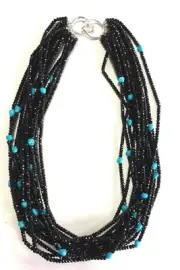 14 stands Faceted Black Spinel Turquoise necklace,Black Spinel Beads,Turquoise