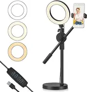 Live Streaming Phone Desktop Stand, with 2 Light Modes 6" LED Ring Light,Adjustable Height and Angle with Stable Round Base,Perfect for Product Live Streaming Shop(36-52CM)