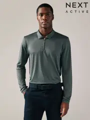Slate Grey Active Golf Long Sleeve Textured Top Polo Shirt (B96266) | $40