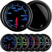 GlowShift Tinted 7 Color 300 F Oil Temperature Gauge Kit - Includes Electronic Sensor - Black Dial - Smoked Lens - for Car & Truck - 2-1/16" 52mm