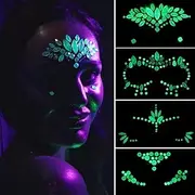 4 Sets Luminous Face Gems Tattoo Stickers Body Jewelry Glow in the Dark Fluorescent Face Rhinestone Tattoo Noctilucent Temporary Tattoo Sparkly DIY Jewel Paste for Halloween Christmas Festival Makeup