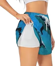 [WURTON] Funny Animal Dolphin Print Exercise Gym Workout Shorts Women's Athletic Shorts Dual-Layered Yoga Running Shorts