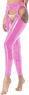 [Linjinx] Women's Suspender Legging Tights Wetlook PVC Leather Shiny Hollow Out Pants Trousers