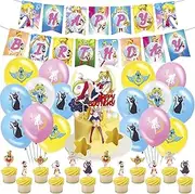 Sailor Moon Birthday Party Decoration Set - 34 Pieces Including Balloons, Happy Birthday Banner, Cake and Cupcake Decorations for Children's Theme Party