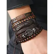Men's Leather Bracelet Set – Vintage Multilayer Braided Cuff with Beads and Tree of Life Charm for Casual and Bohemian Styles