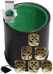 (6) Zinc Alloy Dice Gold Finish w/Pouch + PU Leather Green Felt Lined Cup Boxed