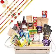 Jaiccha Ghasitaram Rakhi Gifts for Brothers - Jumbo Wooden Basket Hamper of 40 Goodies with 5 Rakhis