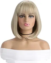 Short bob Wig with Flat Bangs Straight Synthetic bob Hair for Women Black Blonde Cosplay Party Shoulder Length Replacement Wig (Gold)