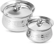 KSJONE Stainless Steel Biryani Handi Set | Premium Steel Hammered Finish Tope, Patila Handi | with Hammered Design, Tableware & Serveware for Home, Kitchen, Hotel & Restaurants (1.5 Quart & 2.5 Quart)