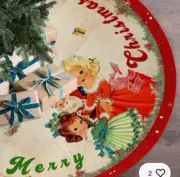 Vtg Merry Christmas Tree Skirt Retro Images Holiday Decorations 48" Santa Girls