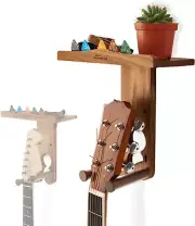 Guitar Wall Mount Wood Hanger with 2 Hook Modes Hangers Shelf Pick Holder For