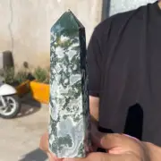 445G Natural Moss Agate Tower Drusy Geode Quartz Obelisk Crystal Healing Gift