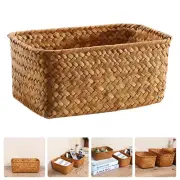 Makeup Organizer Wicker Storage Basket Tall Round Seagrass with Lid