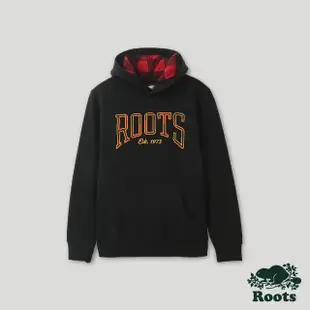 【Roots】Roots 男裝- 格紋風潮系列 文字LOGO刷毛布連帽上衣(黑色)