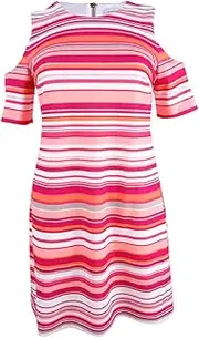 [Calvin Klein] Women's Plus Size Round Neck Sleeveless Cold Shoulder Stripe Dress