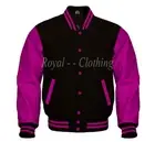 Baseball Varsity Letterman Bomber Black Wool & Genuine Pink Leather Sleeve